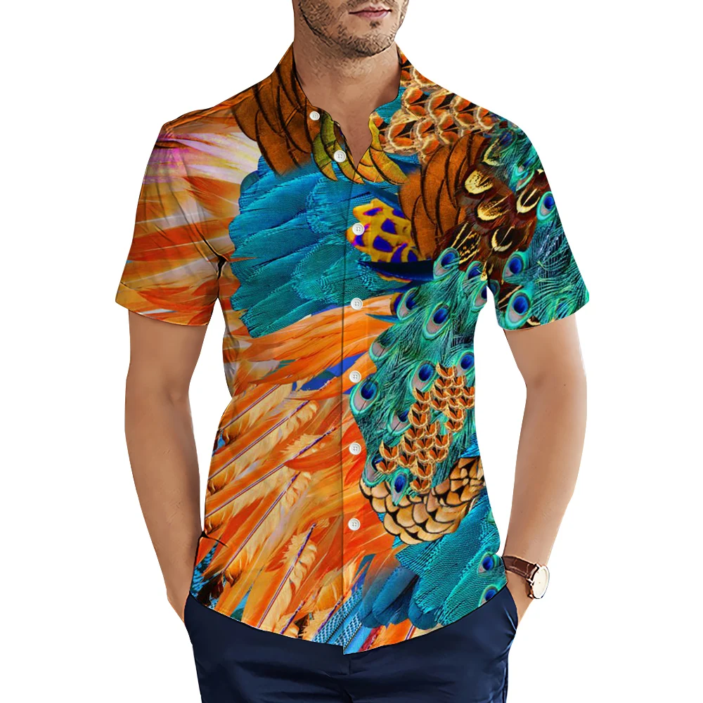 

HX Fashion Men Shirts Animal Feather Peacock 3D Printed Casual Shirts Summer Short Sleeve Tops Camisas Dropshipping