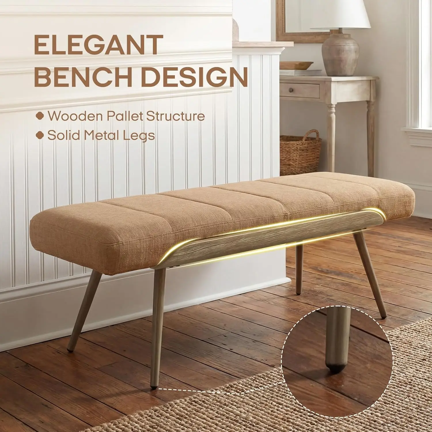 Mid-Century Modern Upholstered Bench, Upholstered Ottoman Bench with Solid Wood Trim and Bronze Metal Legs, 49.5", Customized
