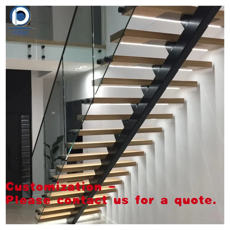 custom.Single Stringer Staircase - Steel Central Spine, Tempered Glass Treads, Modern Minimalist Design Luxury Home Interior