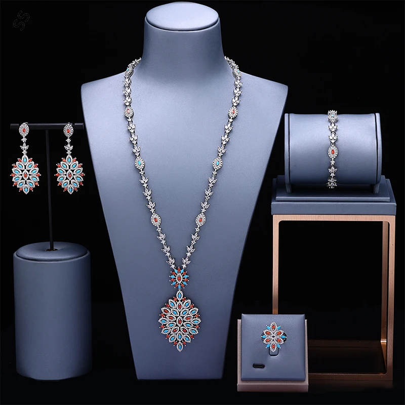 Zircon Gemstone Necklace Earring Ring Bracelet 4 Pieces Jewelry Sets V Shape Collar Decoration Accessories