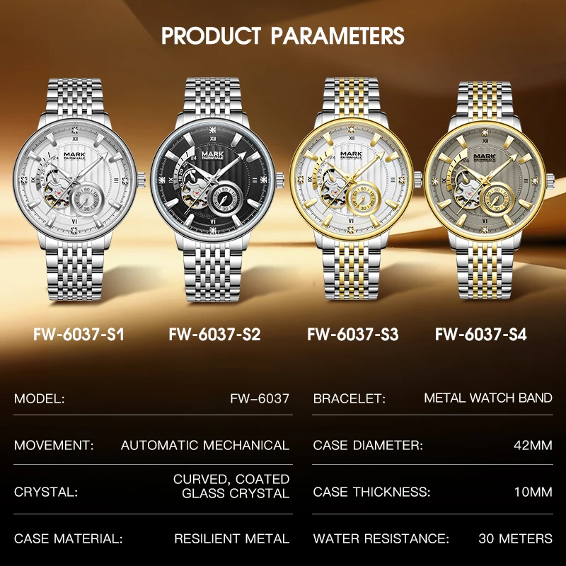 MARK FAIRWHALE Luxury Business Men Mechanical Watch FW-6037 Steel Bracelet Open Work Skeleton Dial Diamond Index Male Wristwatch