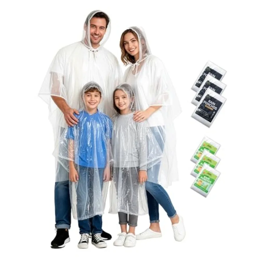 

Rain Ponchos Family Pack 6/12/24 Pack Disposable Poncho with Hood, Clear and Assorted Colors, Home Survival Kits