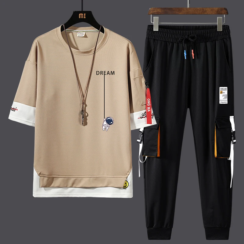 

Повседневный спортивный костюм для мужчин: свободная футболка и шорты, летний новый комплект из полиэстера, модный бренд для молодежи