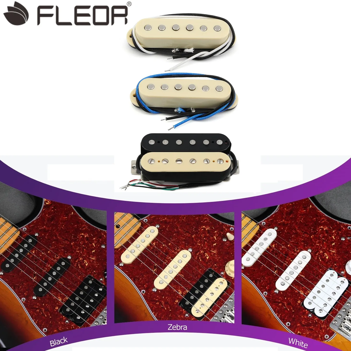 FLEOR HSS Alnico 5 Guitar Pickups Set Humbucker + Single Coil Pickup Staggered for SSH ST Guitar Parts