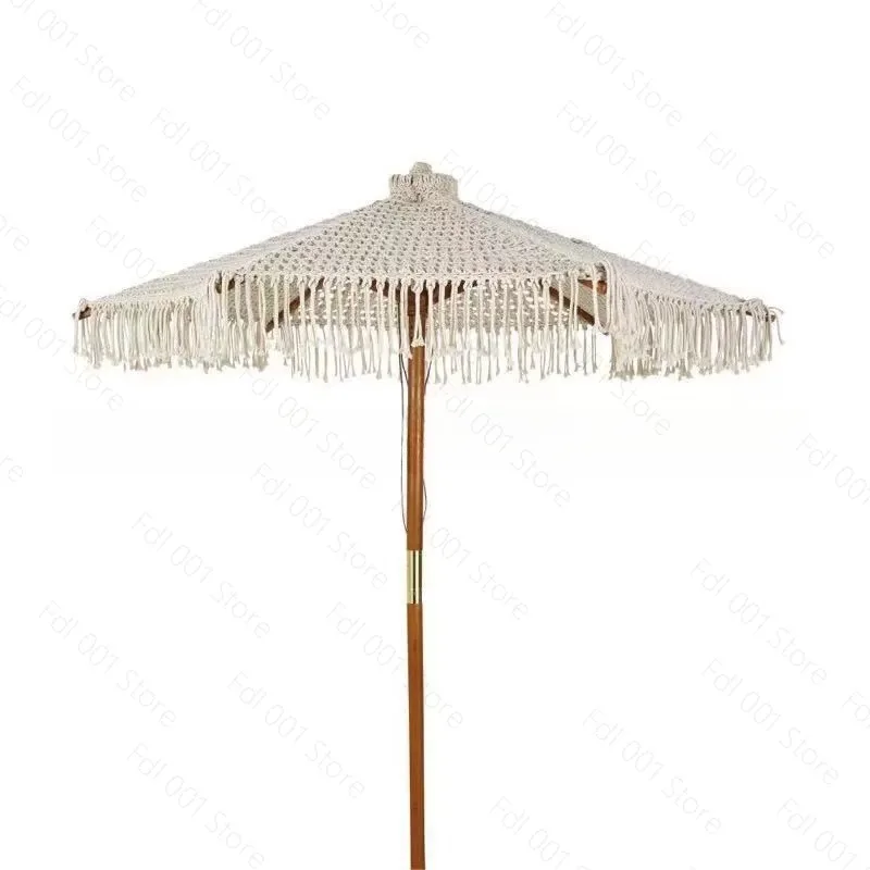Bohemia Cotton Rope Parasols 2.5M Wooden Pole Handmade Tassels Woven Canopy Beach Umbrella With Macrame Fringe