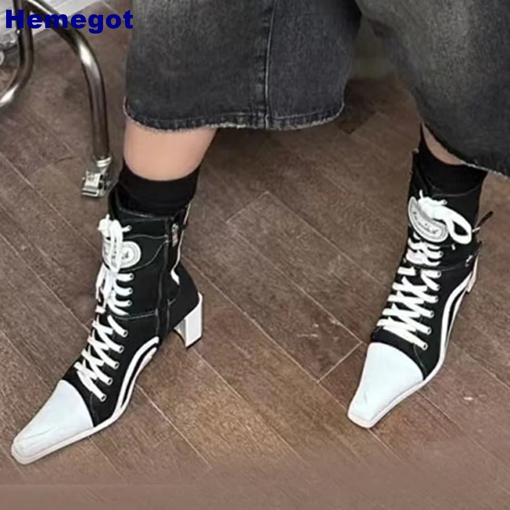 Stivali corti con cinturino incrociato con punta quadrata tacco spesso Lace Up 2024 Summer Street Style décolleté Casual moda donna scarpe di colore