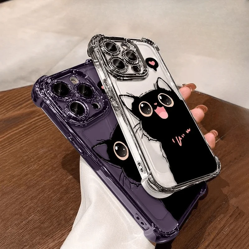 

case for IPHONE 16 15 14 13 12 11 PRO MAX 7 8 PLUS X XR XS MAX Black cat electroplated four corners anti-drop soft silicone