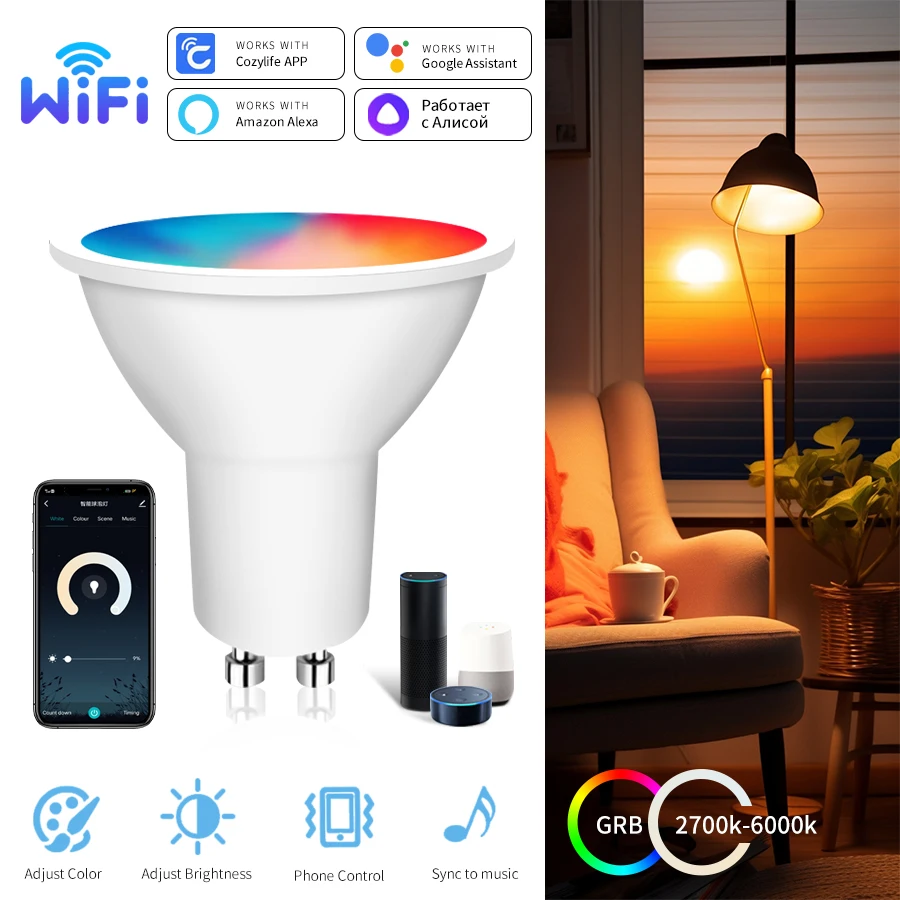 

GU10 WiFi Smart LED Light Bulbs AC85-265V Smart Lamp 5W 7W 9W RGB Dimmable Voice Control Works with Alexa Google Assistant