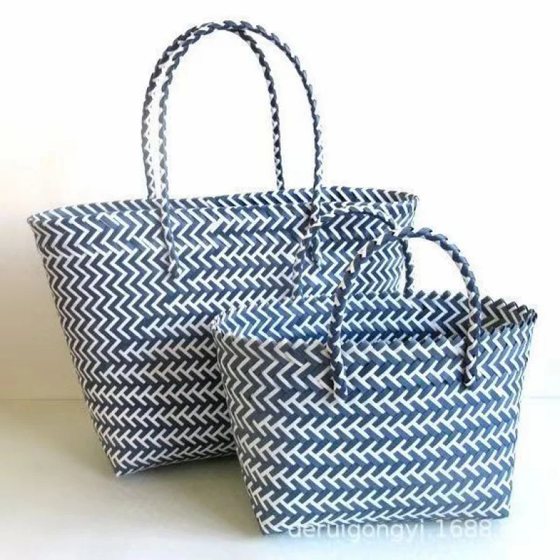 New Style Plastic Packing Strap Woven Bag Handbag Vegetable Basket Bag Striped Color Matching Beach Bag Fashion Women's Bag