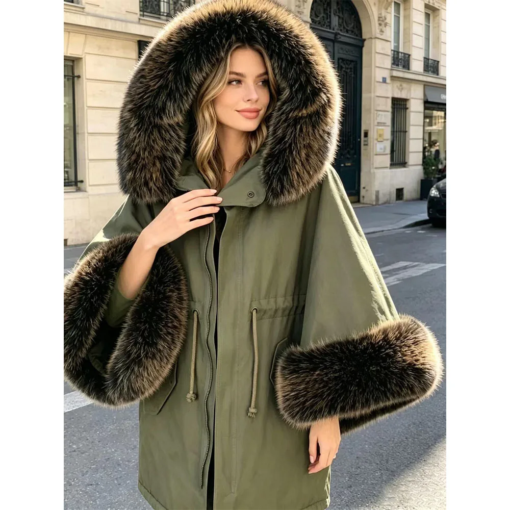 2026 Maomaokong Winter Female Faux Fur Collar Trumpet Sleeve Cloak Hooded Cotton Coat Women's Jacket Fashion Casual Outerwear