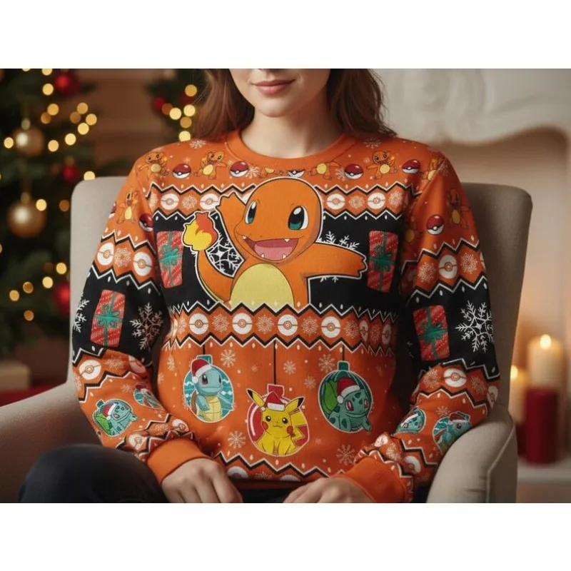 

New Pokémon Ugly Christmas Sweatshirt for Adult Charmander Print Snowflake Gift Ornament Soft Winter Holiday Party Casual Wear