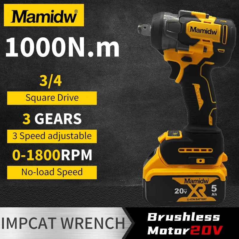

Бесщеточный электрический ударный гайковерт Mamidw 1000N.M с крутящим моментом, аккумуляторный драйвер 1800 об/мин ﻿ Электроинструменты для аккумуляторного штифта Dewalt 20 В