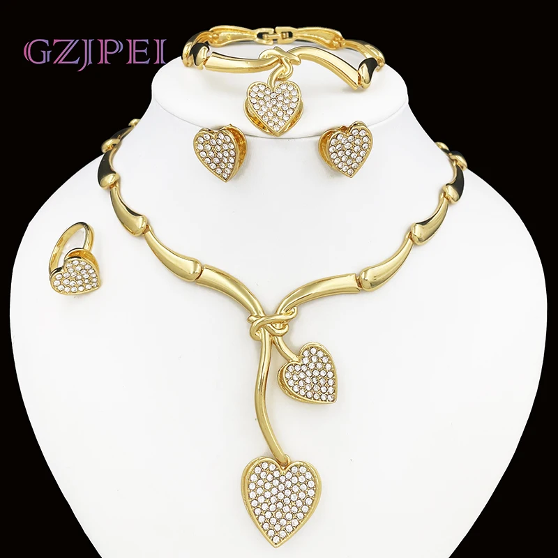 

Elegant Heart Jewelry Set For Women Luxury Brazil 24K Gold Plated Necklace Earrings Bracelet Ring 4pcs