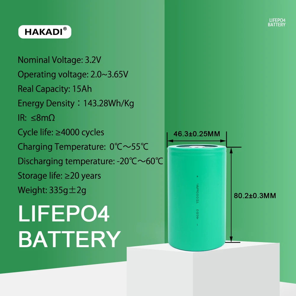 HAKADI 3.2V 15Ah LiFePo4 Battery 4680 Cylindrical Batteries Rechargeable Cell For Battery Pack Outdoor Power Supply EV