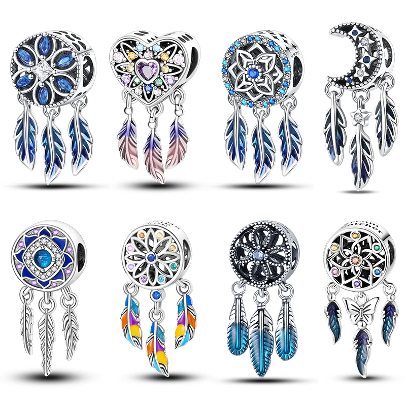 

100% 925 Original Sterling Silver Feather Colorful Dreamcatcher Charms Pendants Fit Pandora 925 Original Bracelets DIY Jewelry