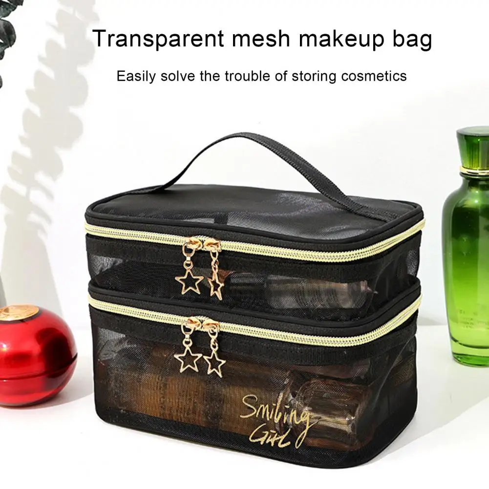 

Mesh Makeup Bag, Double Layer, Transparent Design, Dual Zipper Closure, Toiletry Bag for Makeup Brushes, Cosmetics Storage Bag