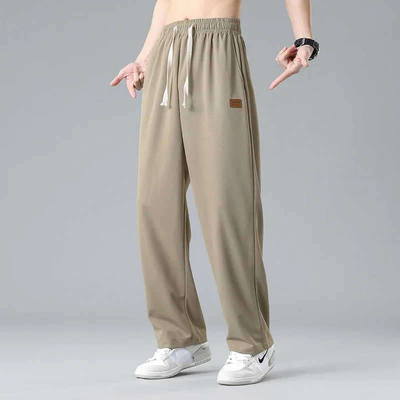 The 2023 new summer men\'s casual straight-line breathable ice silk casual pants thin Korean style fashion sporty oversize