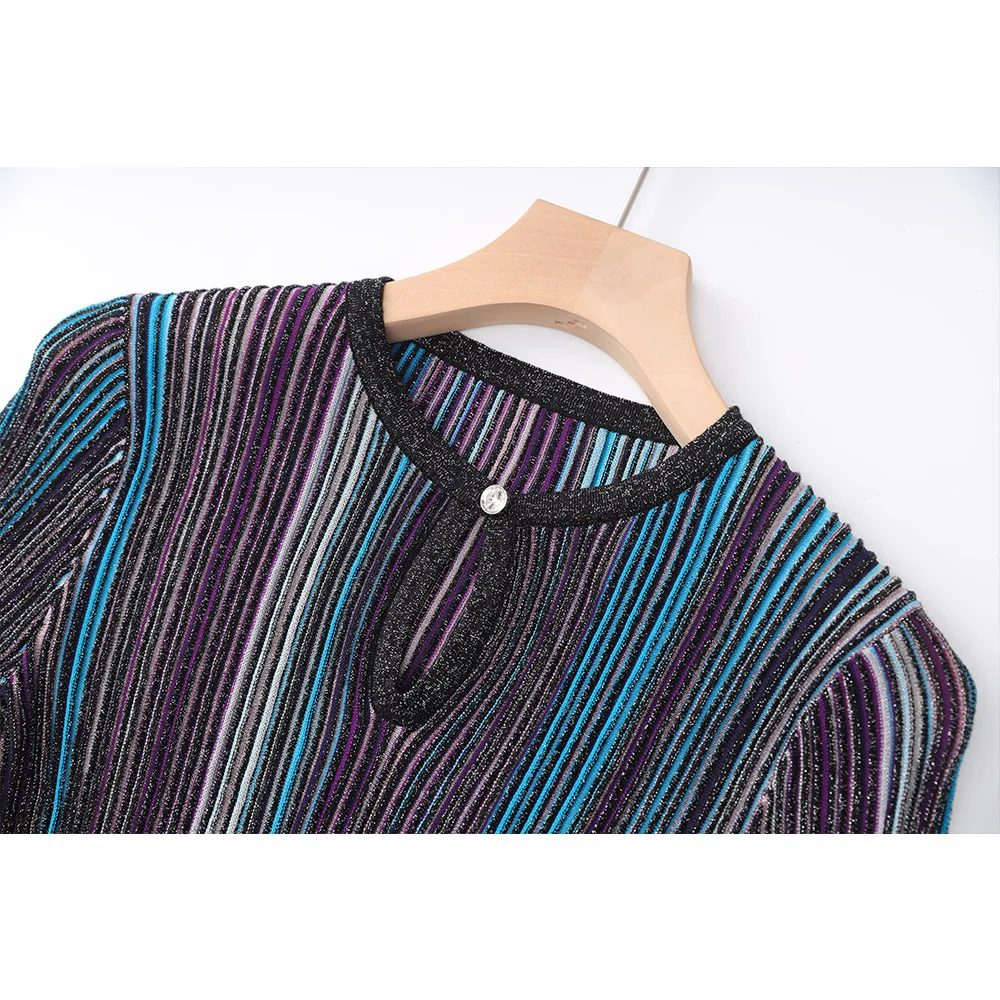 Female Long Sleeve Button Design Multi colour Splicing Pullover Skirt Autumn Gentle Chic Suits Knitted 2 Piece Set