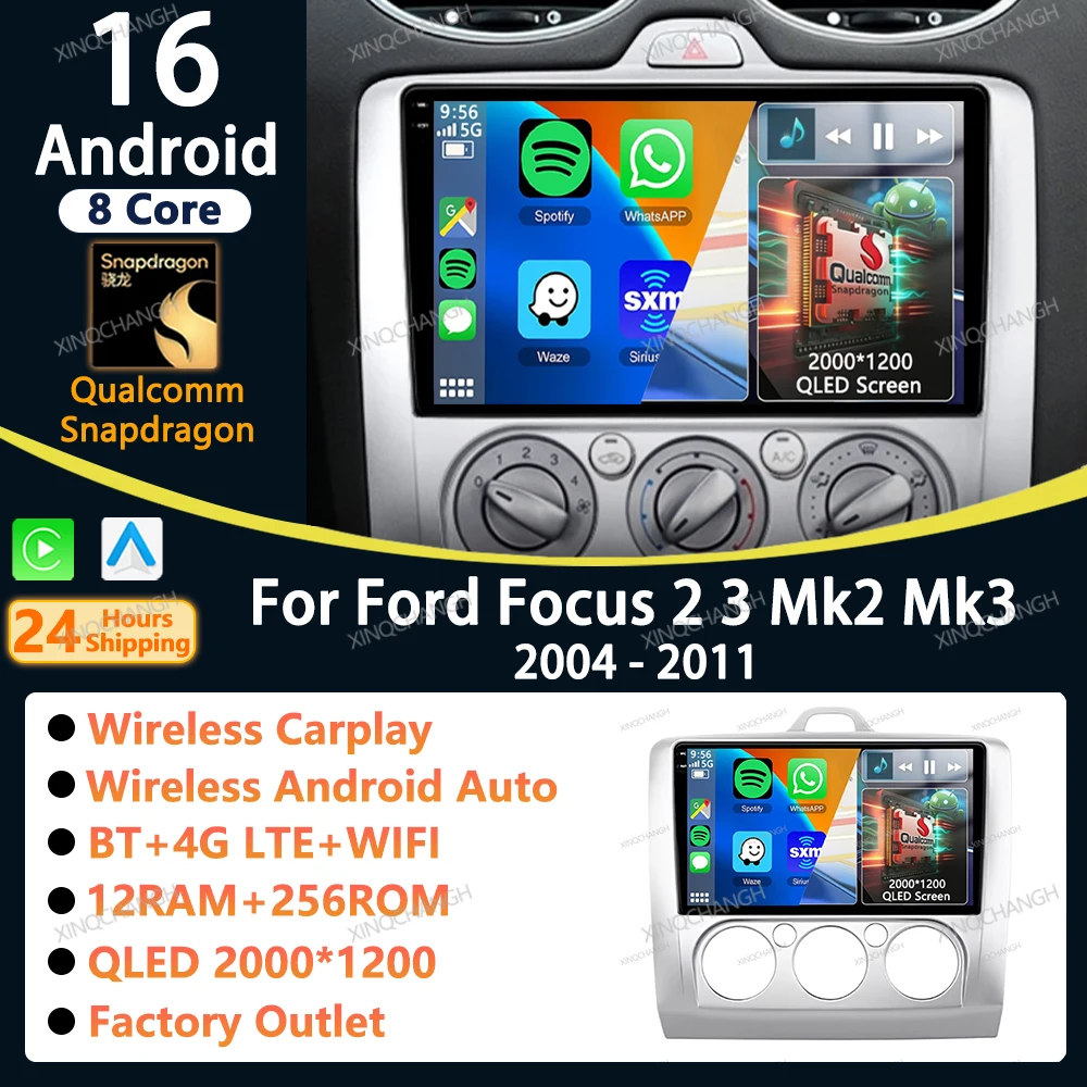 Rádio Automotivo Android 16 com Carplay Auto para Ford Focus 2 3 Mk2 Mk3 2004 2005 - 2011, Kit de Painel para Instalação de Player Estéreo com Vídeo e Áudio