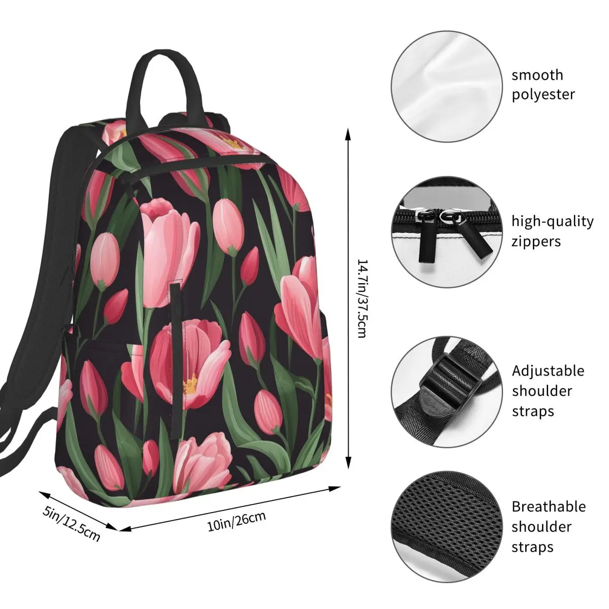 Pink Tulip Green Leaf In Black Background Backpack Student BookBag Kids School Bag Computer Shoulder Bags Men Women