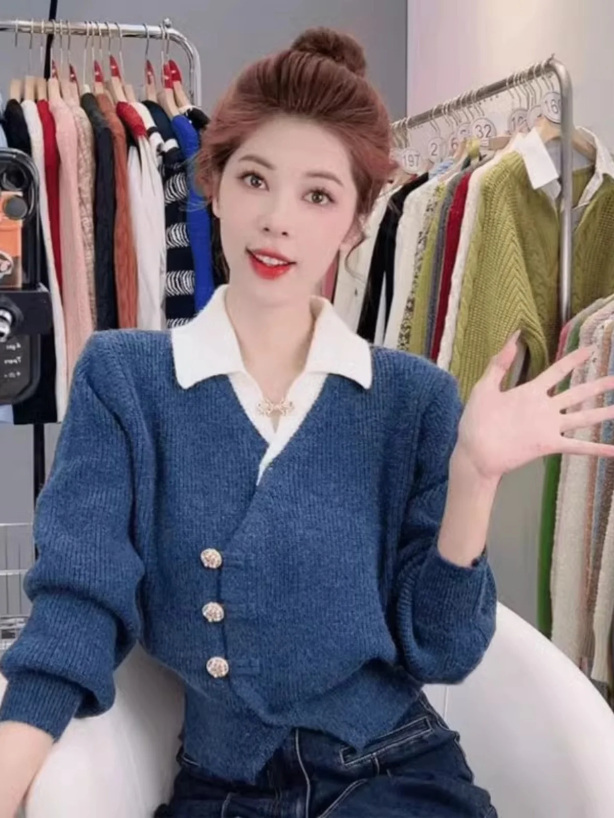 

Свободный вязаный открытый кардиган, женский осенний дизайн, мягкий искусственный свитер из двух частей, верхняя одежда, топ с пуговицами