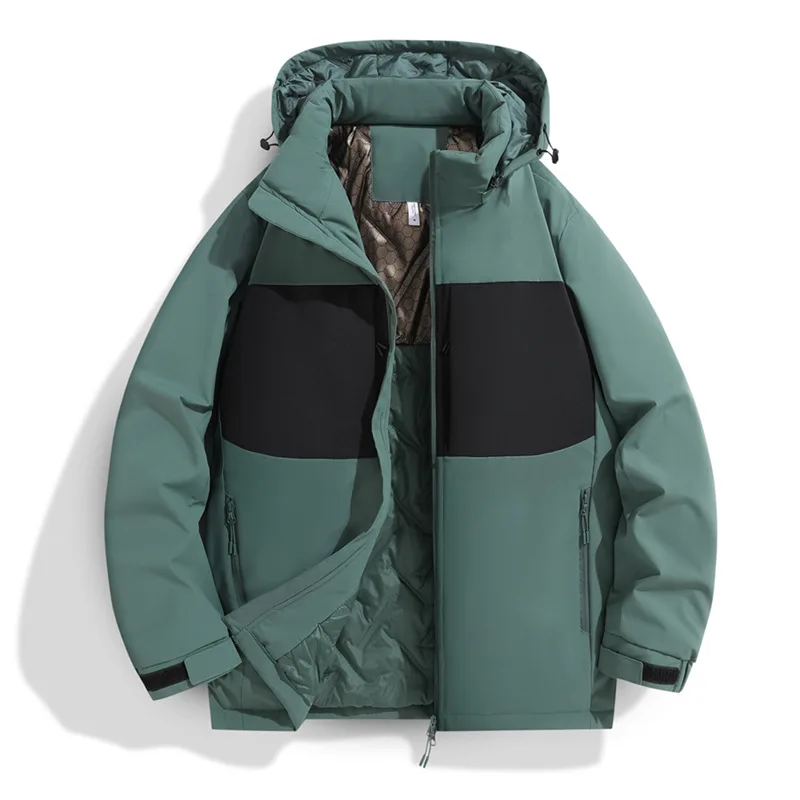 Man Jacket Winter Thicken Patchwork Stand Collar Male Down Coat Long Sleeve Hooded Outdoor Waterproof Windproof Men Outerwear