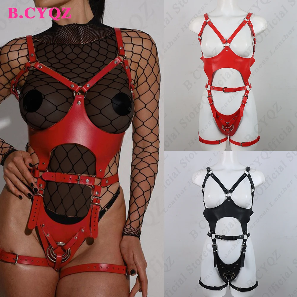 

B.CYQZ Fetish Sexy Harness Body Bondage Belt Red PU Leather Garters for Women Waistline Leg Suspender Bra Cage Set Rave Clothes