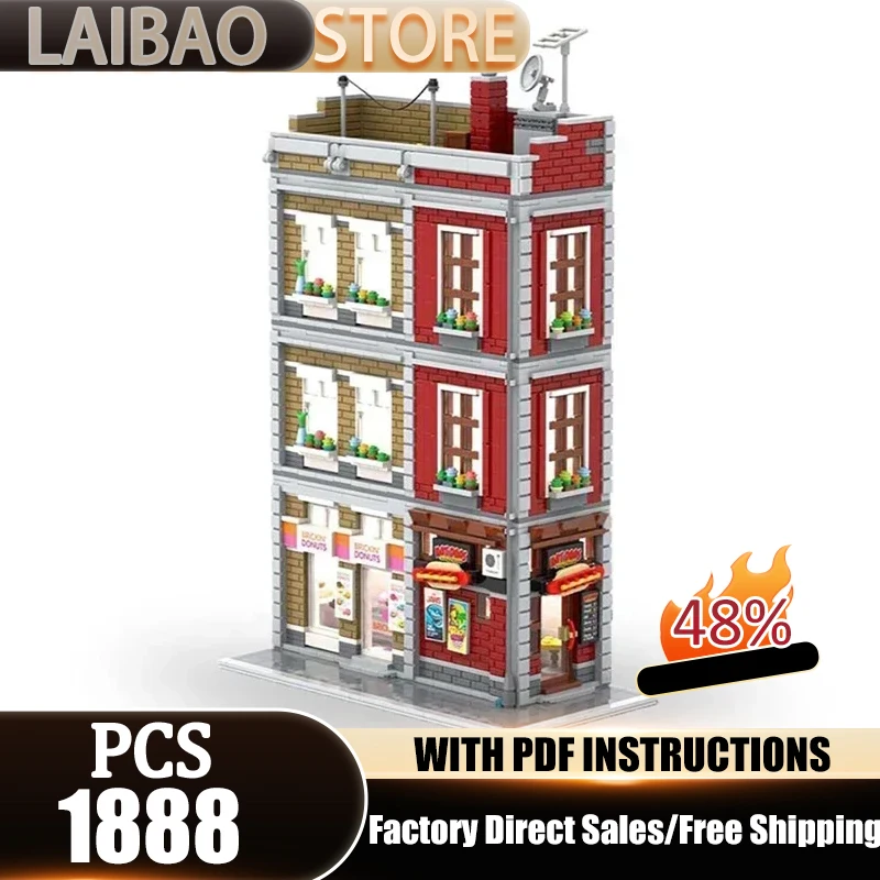 

Urban Street View Moc Building Blocks Hot Dogs and Donuts Stores Model Technology Modular Gift Christmas Toys DIY Sets Assembly