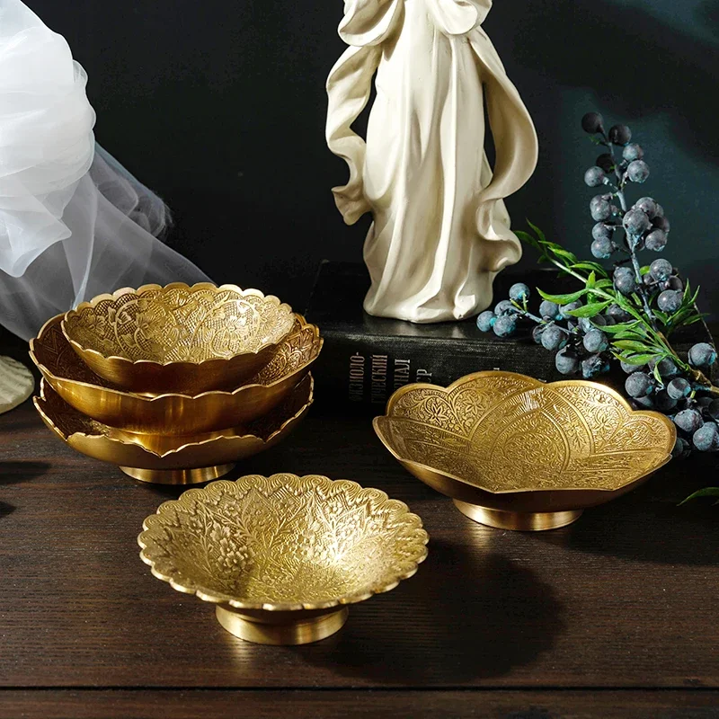 European Style Brass Fruit Tray, Vintage Carved Snack Offering Bowl, Buddha's Front Dish, Light Luxury Decorative Piece