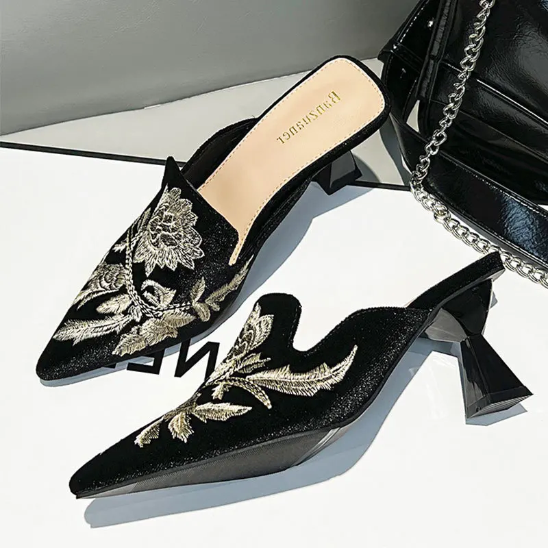 Fashion Flower Embroidery Velour Shoes Woman Strange Heel Slippers Femme Slip on Pointed Toe High Heels Mules Sandalias De Mujer