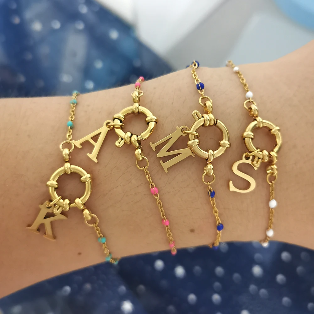 QMHJE A To Z Letter Anchor Clasp Bracelet Women Stainless Steel Slim Enamel Chain Sailor Geometric DIY Name Gold Color  Alphabet