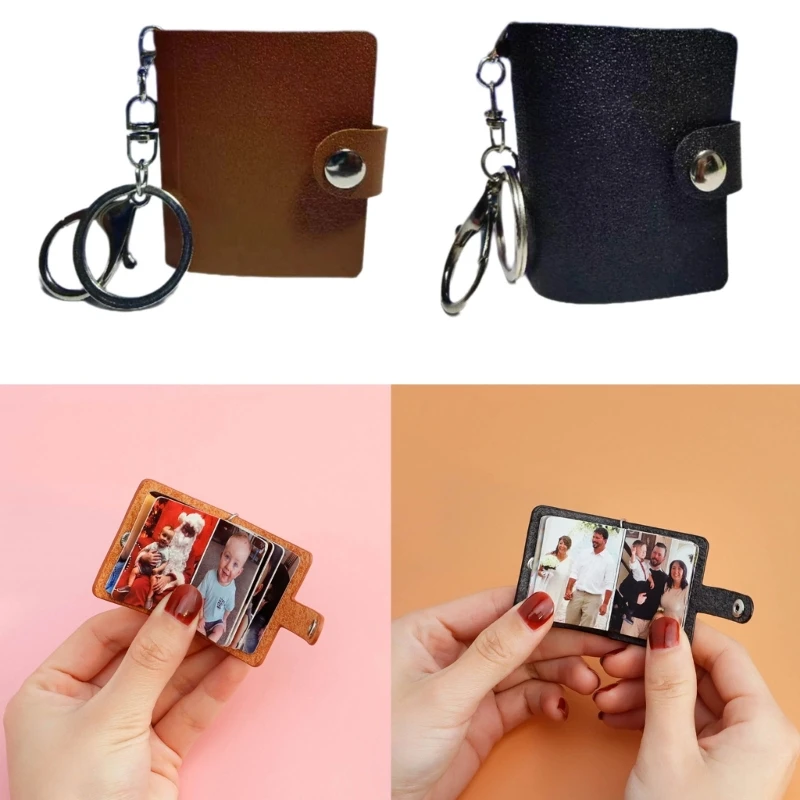 2pcs Mini PU Leather Photo Album with Key Rings Stylishs Designs Photo Key Chain for Friend Family Parties Supply