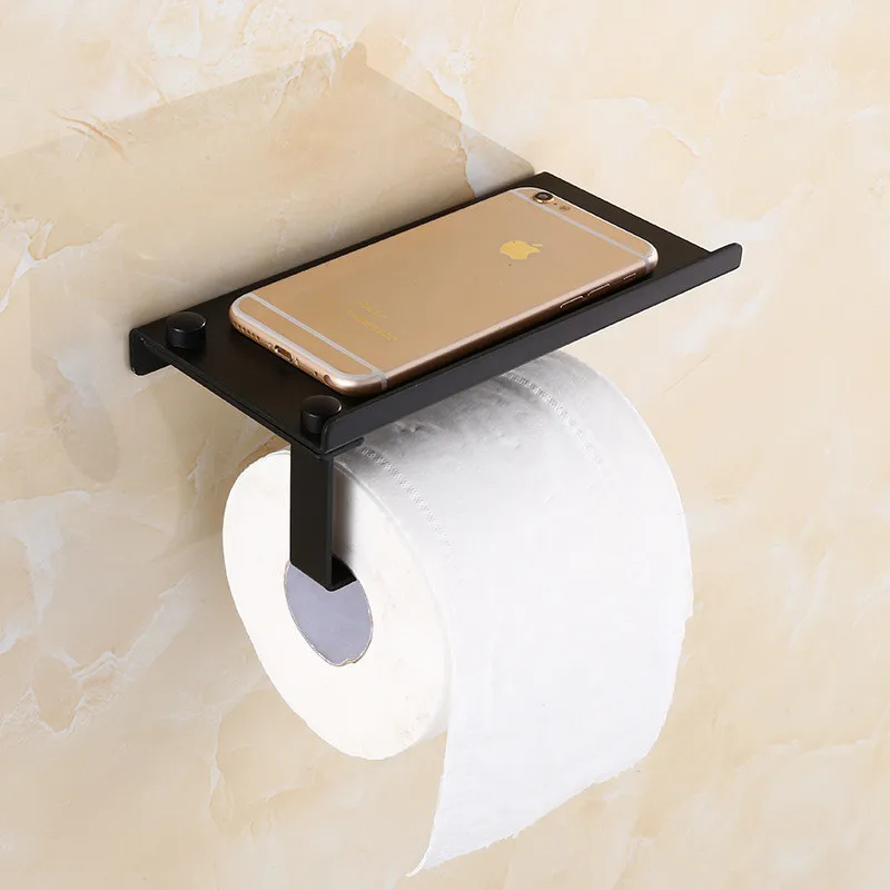 

Tuqiu Black Toilet Paper Holder Wall Mounted Bathroom Tissue Paper Holder Aluminum Paper Roll Holder With Phone Storage Shelf