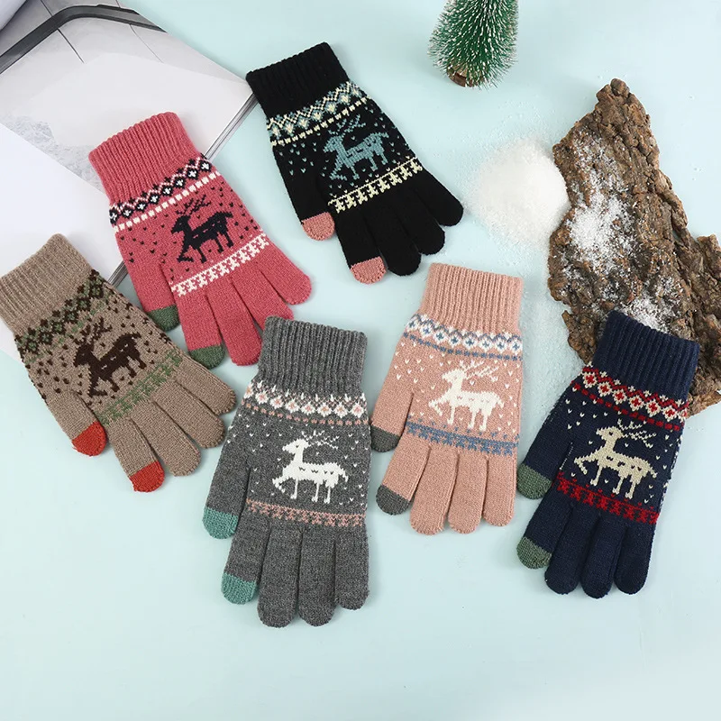 New deer gloves Christmas knitted men's and women's cycling sports winter touch screen warm gloves