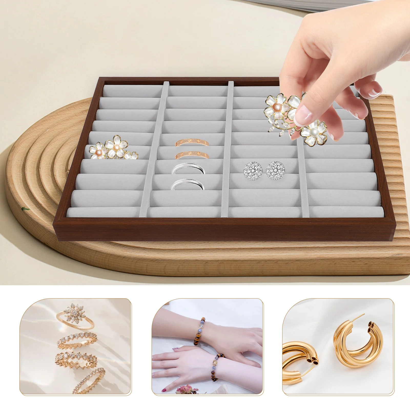

Large Wooden Jewelry Tray Jewelry Organizer Display Bracelet Holder Ring Tray Travel Case for Earrings Necklace Storage