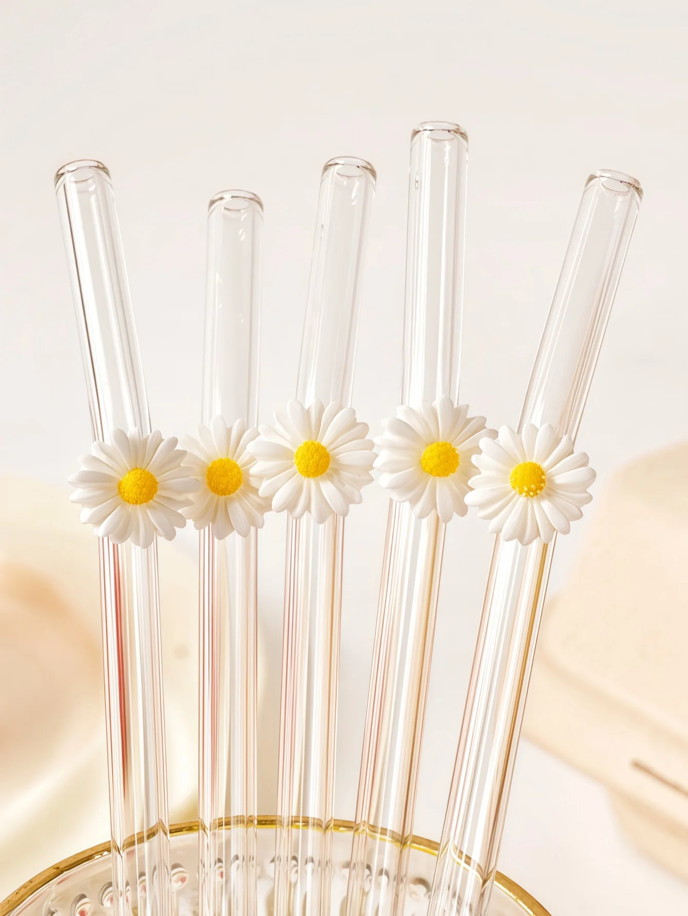 1/6PCS Pajita de vidrio decorada con margaritas, pajita de vidrio reutilizable, perfecta para fiestas y eventos, regalo ideal para festivales de música y más