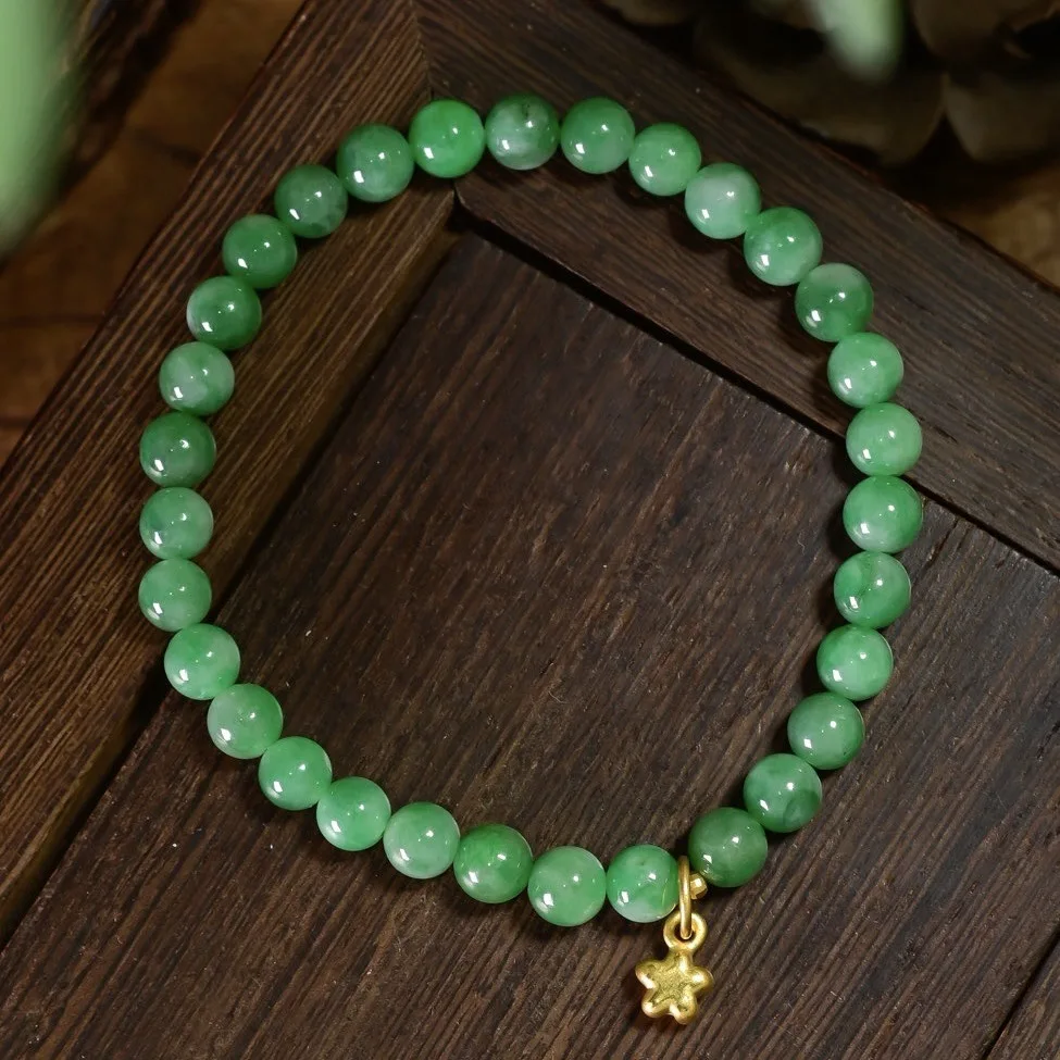 Natural A‑Grade Vivid Green Jadeite Bead Bracelet, 24K Solid Gold Star Charm, Chinese Style Jewelry for Women