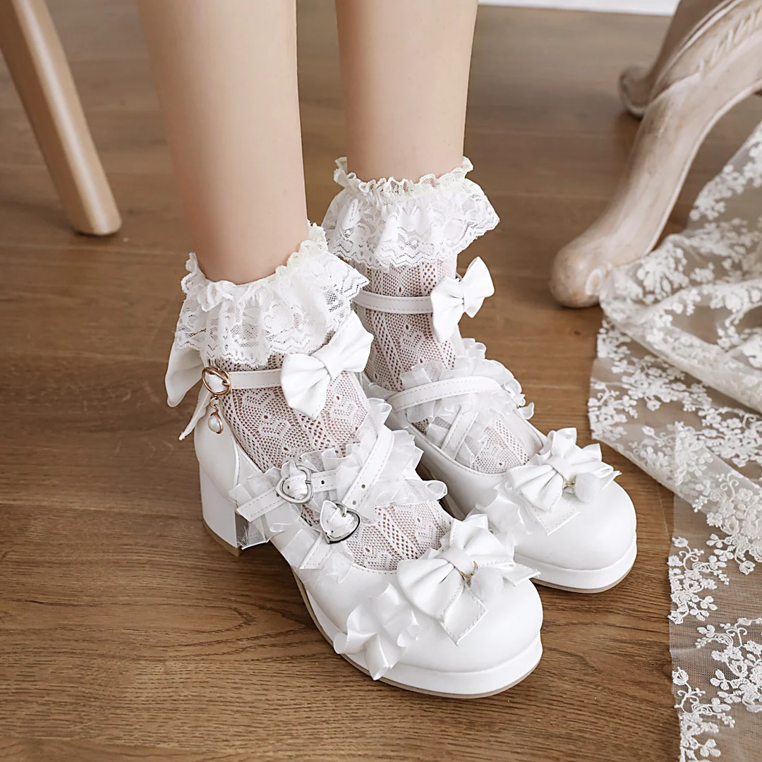 Women High Heels Mary Jane Pumps Cross Strap Wedding Tea Party White Pink Black Ruffles Bow Maid Princess Cosplay Lolita Shoes