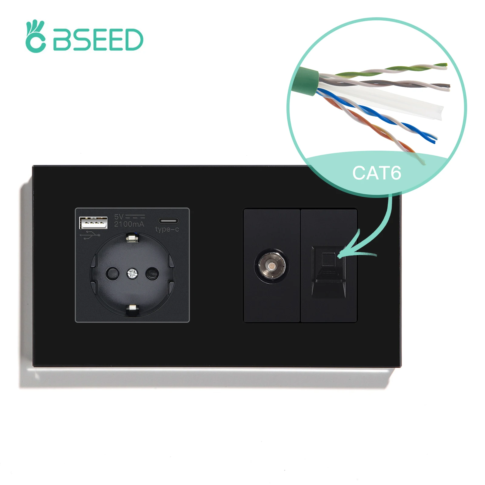 BSEED TV CAT5 mit EU-Buchse, doppelte Wandsteckdosen, TV-Internet, RJ45, PC-Anschlüsse, Typ-C-USB-Steckdosen, Glasrahmen