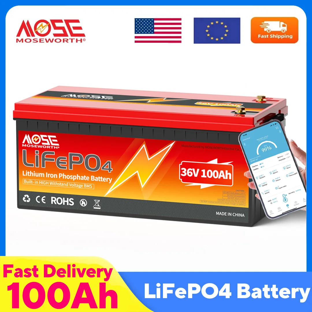 

MOSEWORTH 36V 100Ah LiFePO4 Lithium Battery 200A BMS 10000+ Deep Cycle Lithium Iron Phosphate Battery for Golf Cart RV Marine