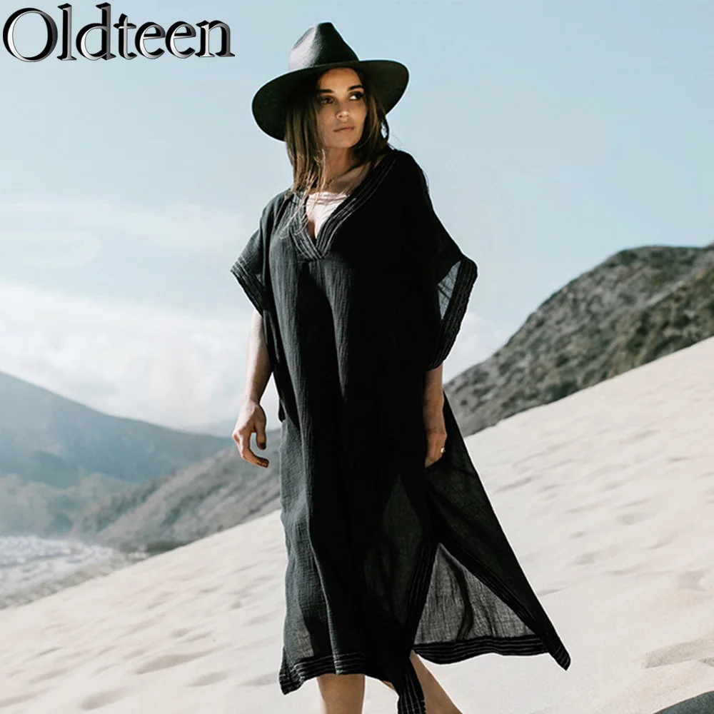 Hot Selling New Black Wrinkled Fabric With White Thread Loose Fitting Outwear Beach V-neck Long Skirt Bikini Cover Up Swimsuit