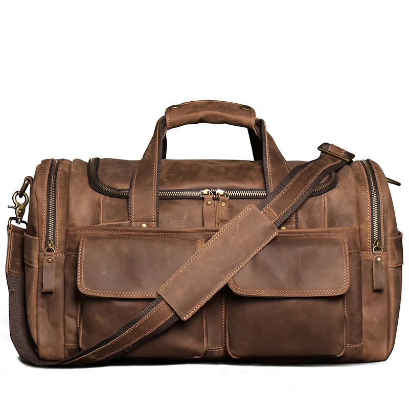 

Nesitu Vintage Brown Black Blue Genuine Crazy Horse Leather Short Trip Business Men Women Travel Bag Handbag GYM Duffle M0571