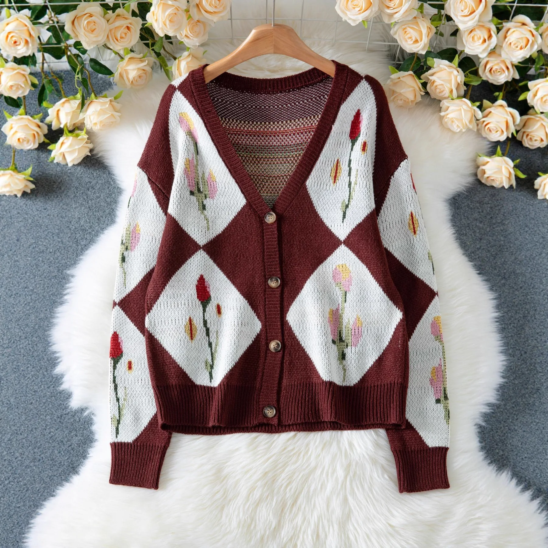 Sweet Flower Jacquard Women Cardigan Sweet Color Blocked Drop Shoulder Sweater For Female Versatile Single Breast Lady Knitwear