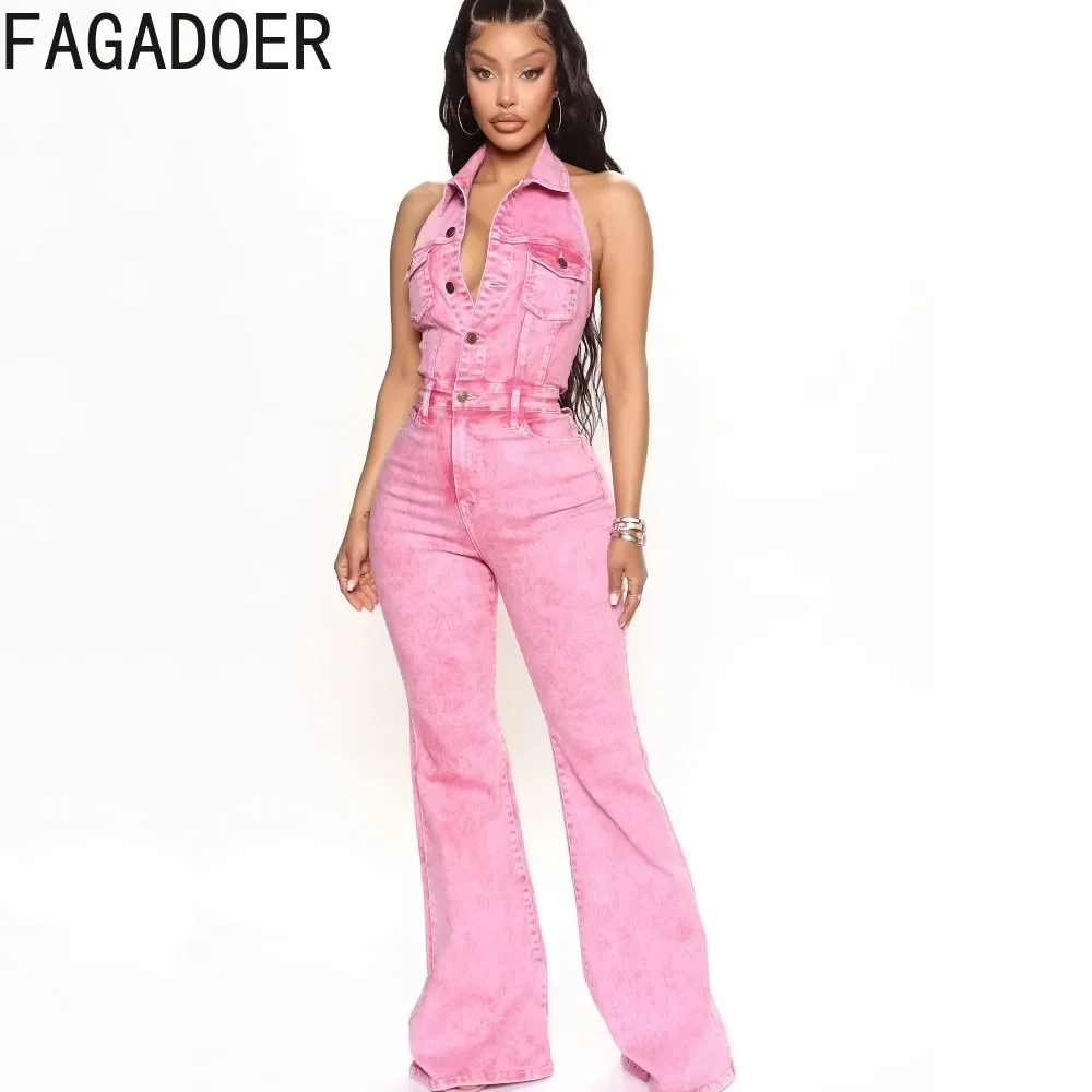 

FAGADOER Pink Denim Jumpsuits Halter Cargo Pockets Patchwork Flare Pants Rompers Tie Dye Stretchy Jean Overalls Y2k Streetwear