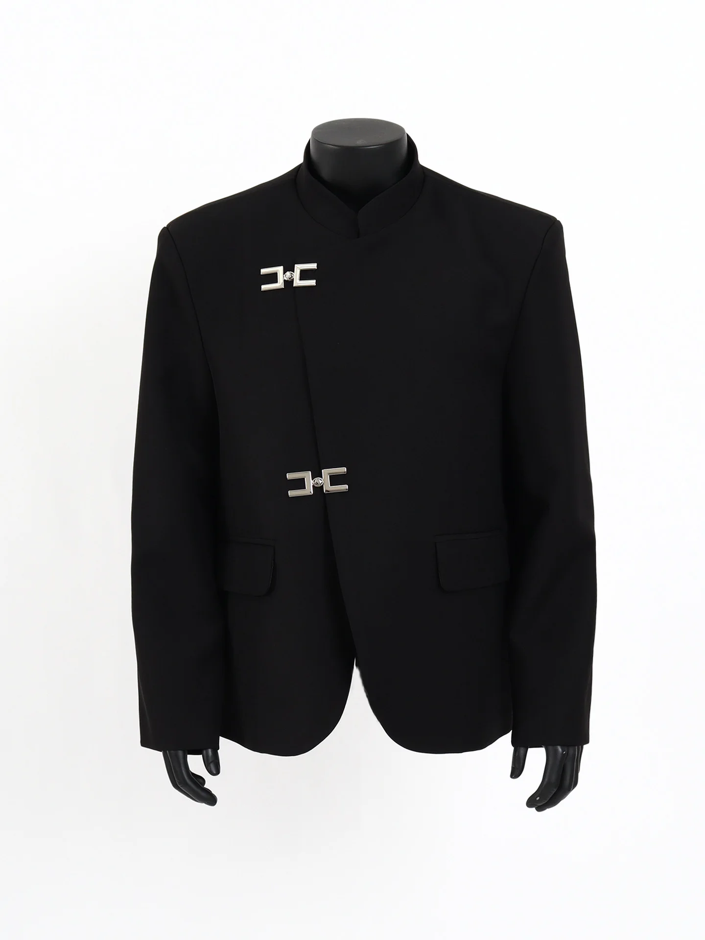 

Starlit Men's Shoulder Pad Suit Jacket with Metal Buckle Black Stand Collar Casual Long Sleeve Chinese Style Fashionable