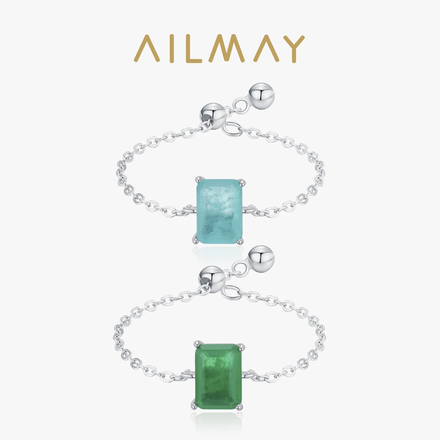 Ailmay-925 Sterling Silver Link Chain Rings para Mulheres, Retângulo, Paraíba, Turmalina, Ajustável, Luxo, Casamento, Noivado, Jóias