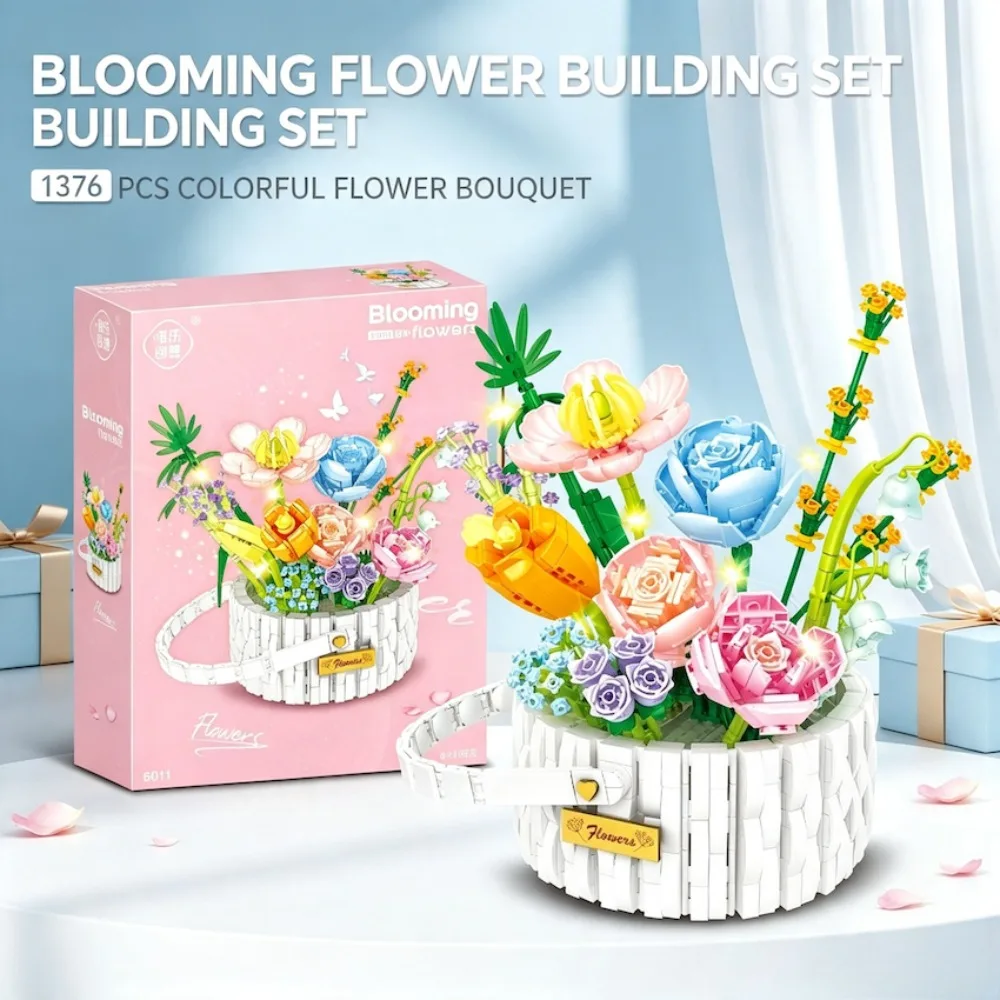 Eternal Flower Basket Building Blocks DIY Assembly Brick Ornament Toys Desk Decor for Birthday Wedding Holiday Decoration