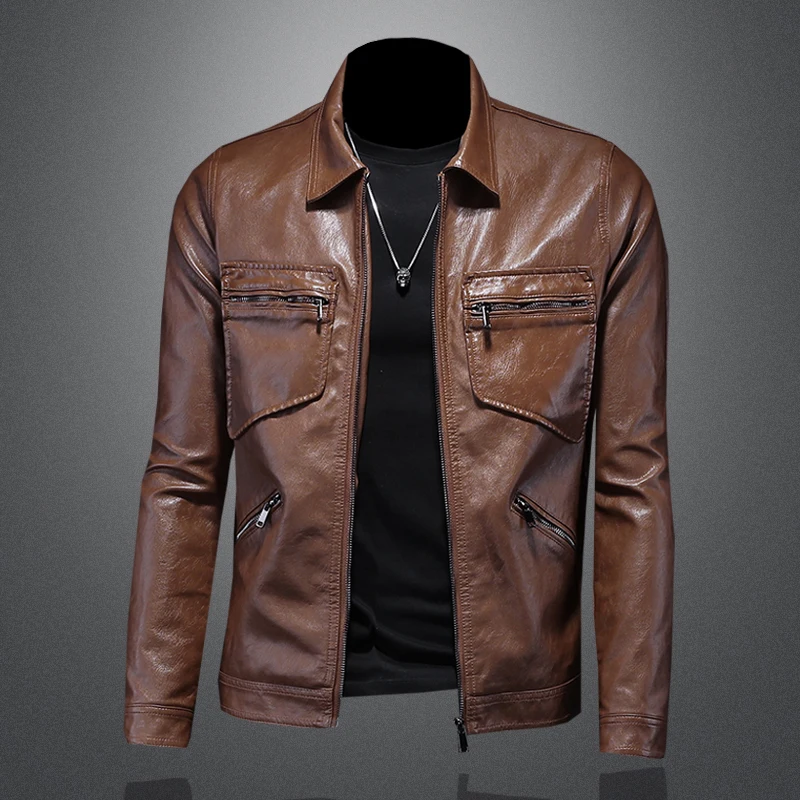 2024 Autumn and Winter New Men's Fashion Handsome Trend Business Leisure Lapel Motorcycle Leather Coat Slim Stylish Man  M-4XL