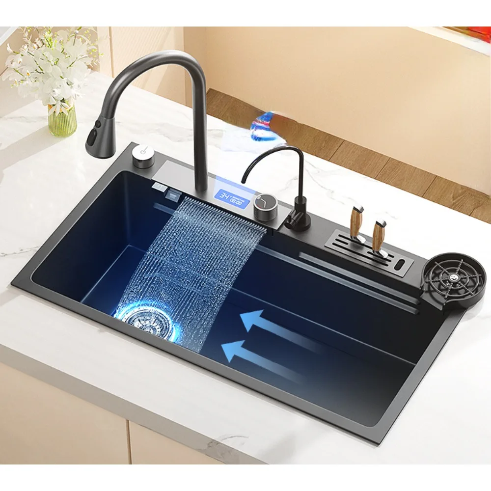 Digital Display Feiyu Waterfall Sink 304 Stainless Steel Dishwashing Sink Kitchen Nano Vegetable Wash Basin Large Single Sink