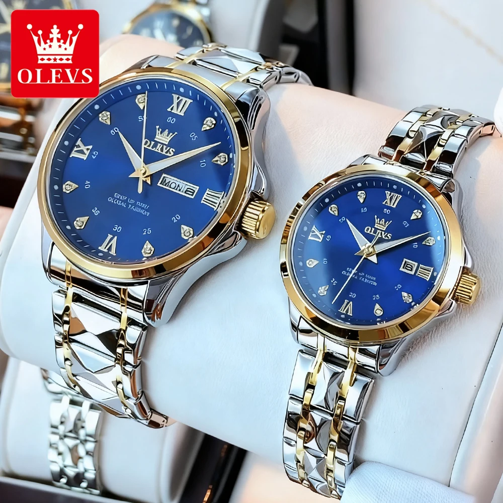 olevs-カップル腕時計トップブランドトレンドファッションステンレススチールストラップオリジナルクォーツ腕時計恋人用防水カレンダー-2906